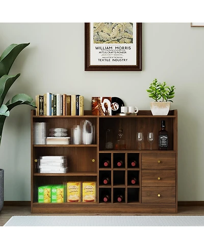 Flynama Double Sliding Striped Glass Door Sideboard Wooden Freestanding Storage Cabinet Wine Cabinet For Home Garage Use