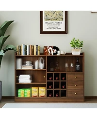 Flynama Double Sliding Striped Glass Door Sideboard Wooden Freestanding Storage Cabinet Wine Cabinet For Home Garage Use
