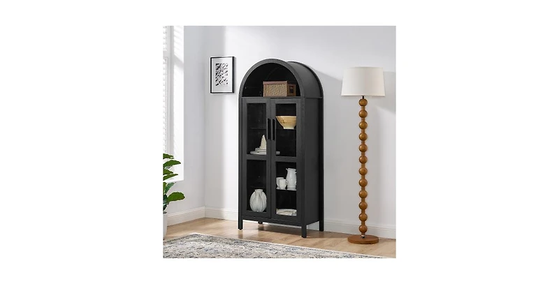 Flynama High Arched Led Light Storage Cabinet Mdf Poplar Wood Adjustable Glass Partition Multi-Functional Home Display Cabinet