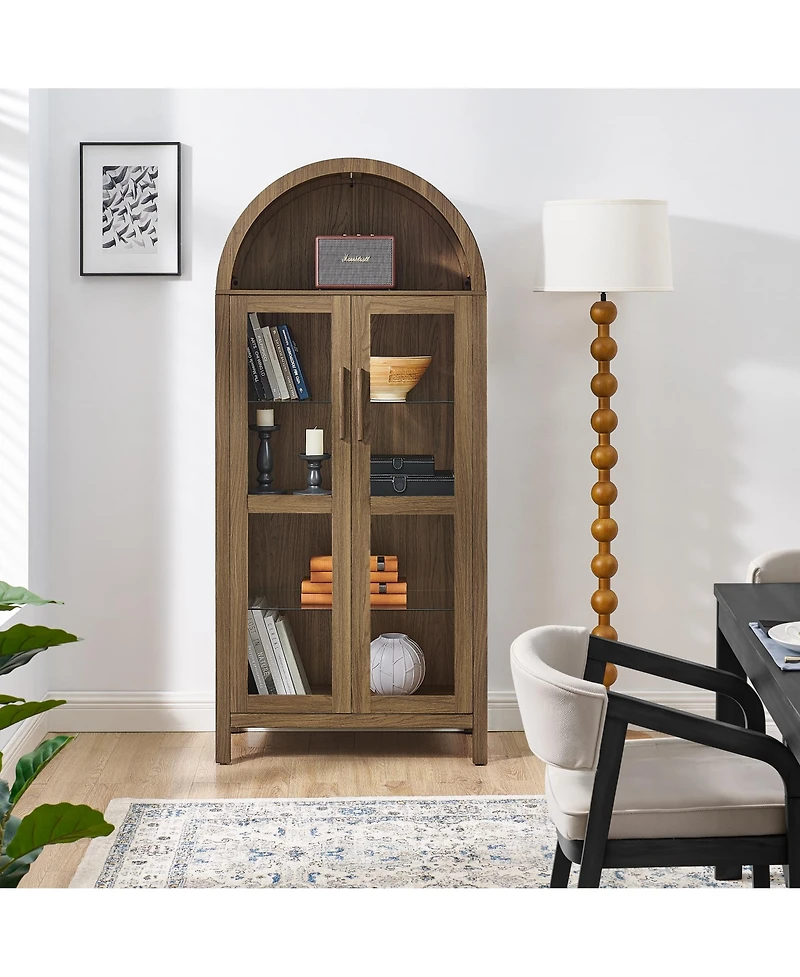 Flynama High Arched Led Light Wooden Storage Cabinet Adjustable Glass Partition Modern Retro Home Multi-Functional Display Cabinet