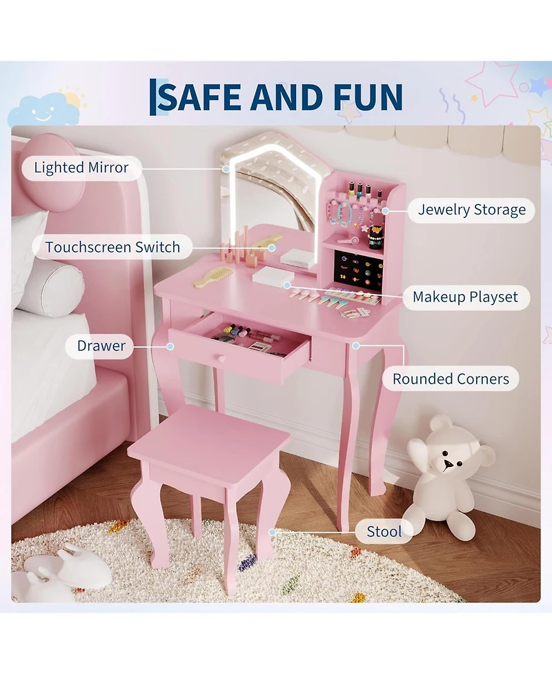 gaomon Toddler Lighted Vanity Set with Stool, 3-8 Years Girls Makeup Table and Pretend Play Set