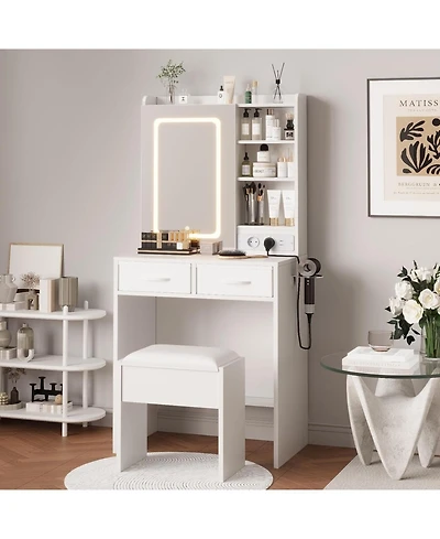 gaomon 2-Drawer Vanity Desk Set, Lighted Makeup Table with Power Outlet, Usb Ports and Stool