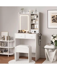 gaomon 2-Drawer Vanity Desk Set, Lighted Makeup Table with Power Outlet, Usb Ports and Stool