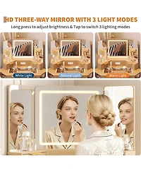 gaomon 48" Almond Fluted Corner Vanity, Lighted Makeup Desk with Triple Mirror System