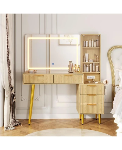 gaomon Almond 5-Drawer Vanity Desk, Makeup Dressing Table with Built-in Usb Charging Station