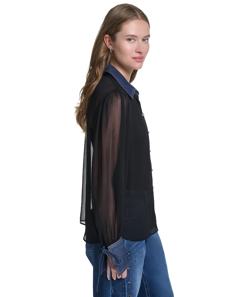 Karl Lagerfeld Paris Petite Collared Button-Front Blouse