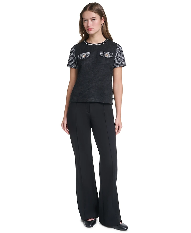 Karl Lagerfeld Paris Petite Short-Sleeve Trim Crewneck Blouse