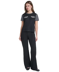 Karl Lagerfeld Paris Petite Short-Sleeve Trim Crewneck Blouse