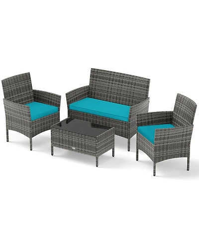 Sugift 4 Pieces Patio Rattan Conversation Set with Tempered Glass Coffee Table