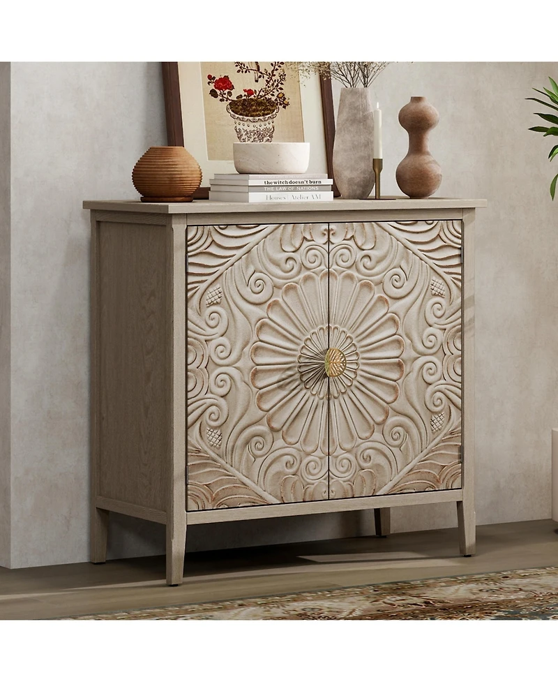 Flynama American Style 2-Door Wooden Storage Cabinet Relief Pattern Cabinet with Adjustable Layer Anti-Dumping Design