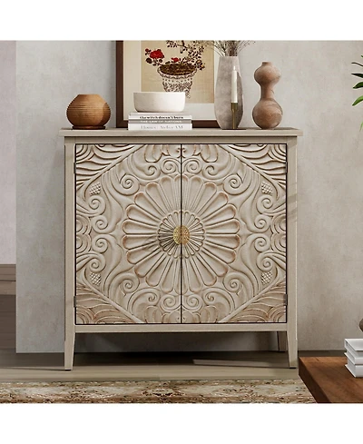 Flynama American Style 2-Door Wooden Storage Cabinet Relief Pattern Cabinet with Adjustable Layer Anti-Dumping Design