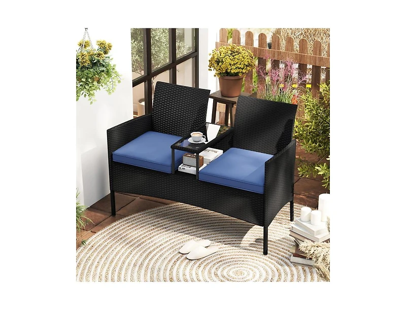 Mondawe Patio Loveseat with Built-in Table and Cushions for Backyard Porch