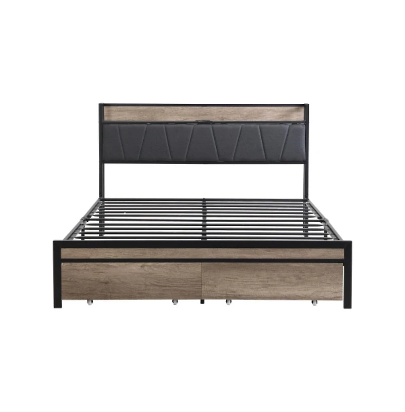 Lucky One Queen Size Platform Bed Frame with Wooden Headboard and Footboard, Heavy Duty Steel, No Box Spring Needed