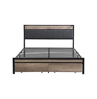 Lucky One Queen Size Platform Bed Frame with Wooden Headboard and Footboard, Heavy Duty Steel, No Box Spring Needed