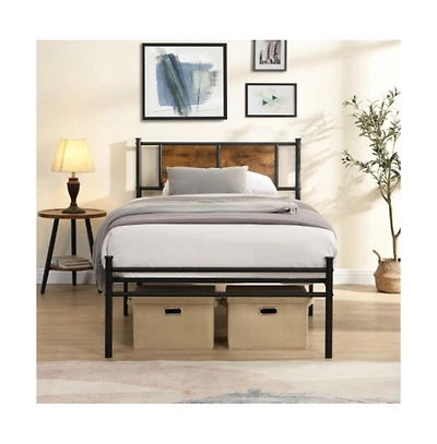 Lucky One Twin Size Metal Bed Frame with Wood Panel Headboard, Steel Structure, No Box Spring Needed