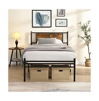 Lucky One Twin Size Metal Bed Frame with Wood Panel Headboard, Steel Structure, No Box Spring Needed