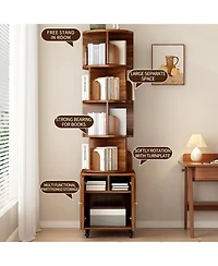 Flynama 5-Tier Rotating Bookshelf with Closed Drawer, Retro Solid Wood Narrow Corner Home Book Organizer