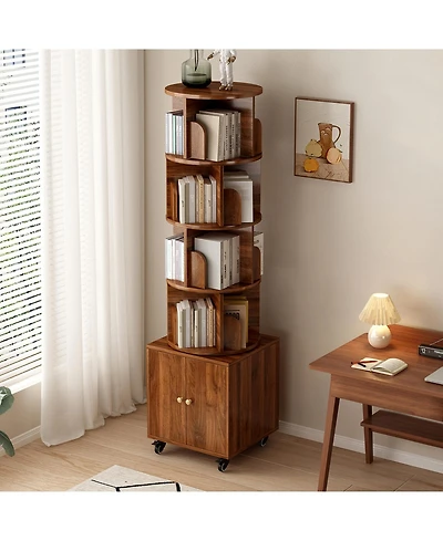 Flynama 5-Tier Rotating Bookshelf with Closed Drawer, Retro Solid Wood Narrow Corner Home Book Organizer