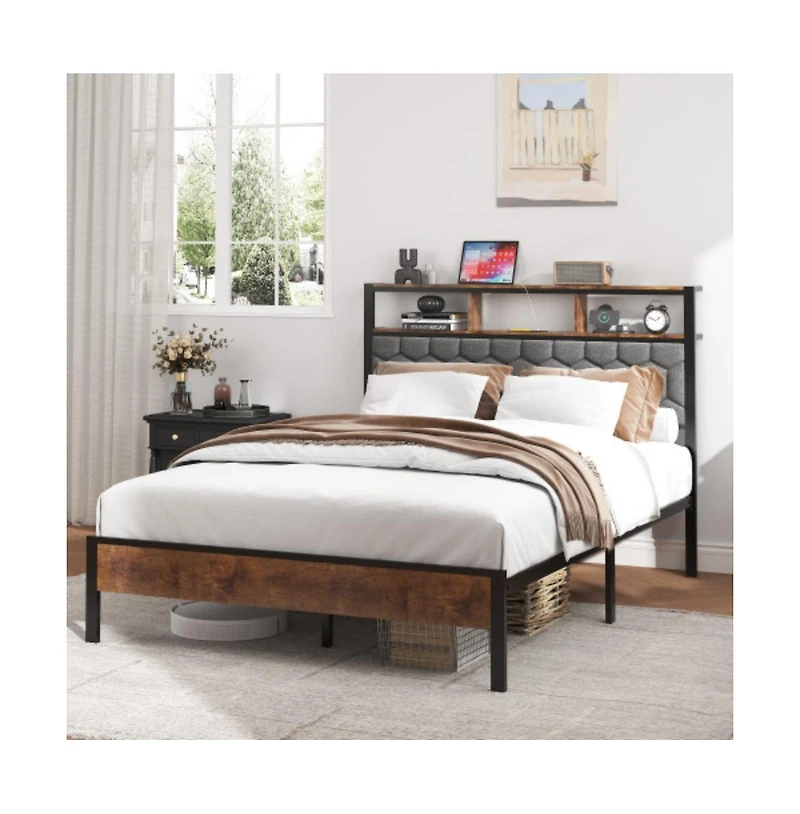 Lucky One Full Size Wooden Platform Bed Frame with Upholstered Headboard, Usb Charging Station, Under-Bed Storage, No Box Spring Needed