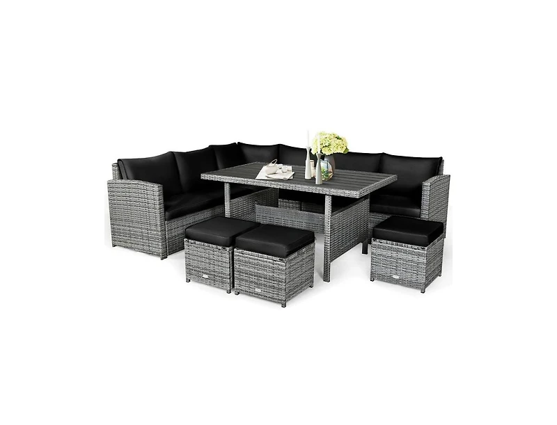 Mondawe 7 Pieces Patio Rattan Dining Furniture Sectional Sofa Set with Wicker Ottoman