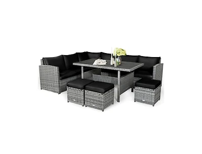 Mondawe 7 Pieces Patio Rattan Dining Furniture Sectional Sofa Set with Wicker Ottoman