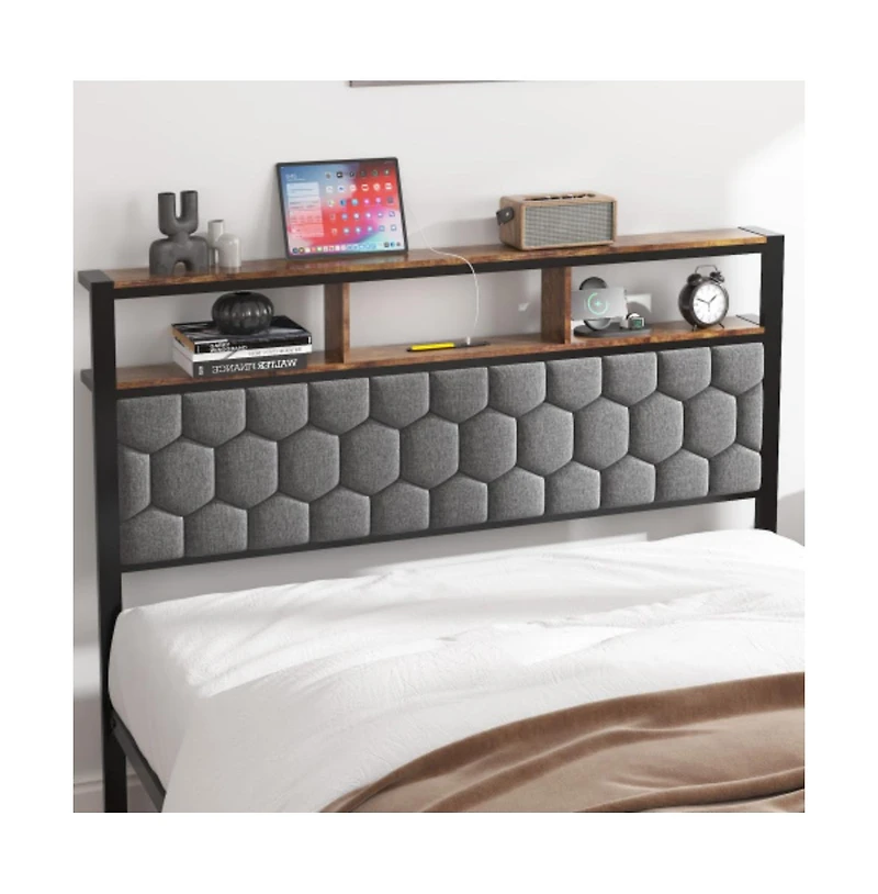 Lucky One Queen Size Wooden Platform Bed Frame with Upholstered Headboard, Usb Charging Station, Under-Bed Storage, No Box Spring Needed