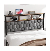 Lucky One Queen Size Wooden Platform Bed Frame with Upholstered Headboard, Usb Charging Station, Under-Bed Storage, No Box Spring Needed