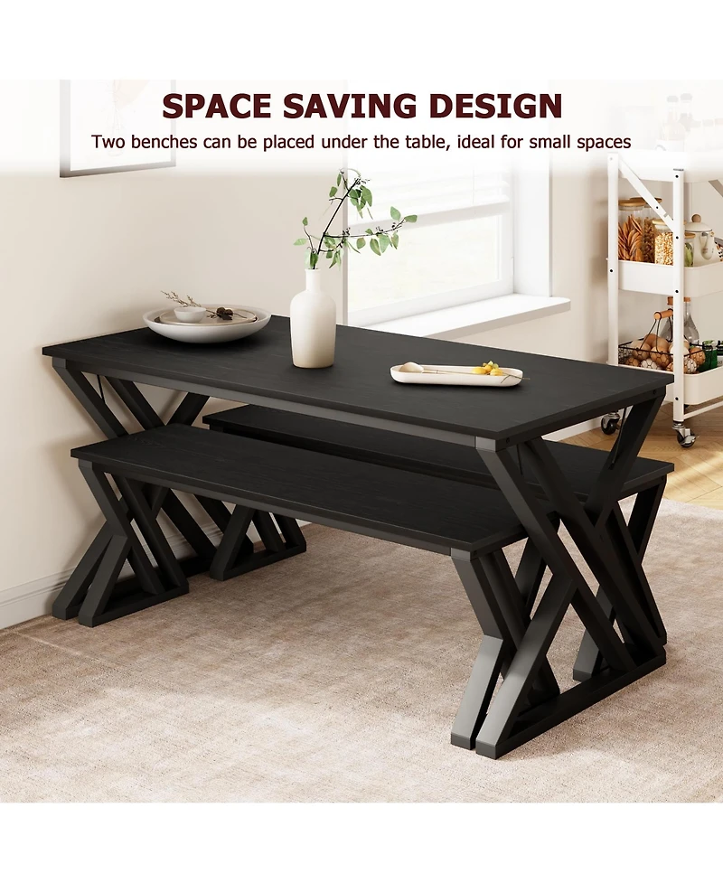 homfan Kitchen Table with Benches, Dining Table Benches Set for 4-6, Rectangular Kitchen Table Set with Sturdy Metal Frame, for Kitchen, Dining Room