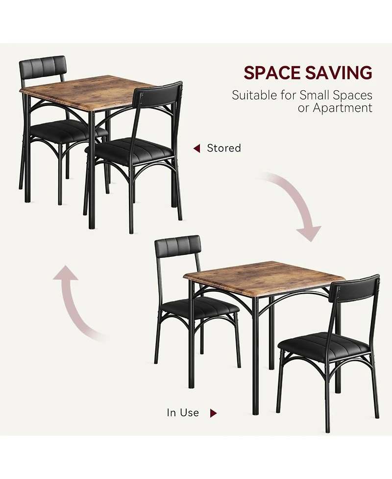 homfan Compact 3 Piece Dining Table Set for 2 Square Table with Upholstered Chairs, Metal and Wood Construction for Small Spaces Apartments Studios
