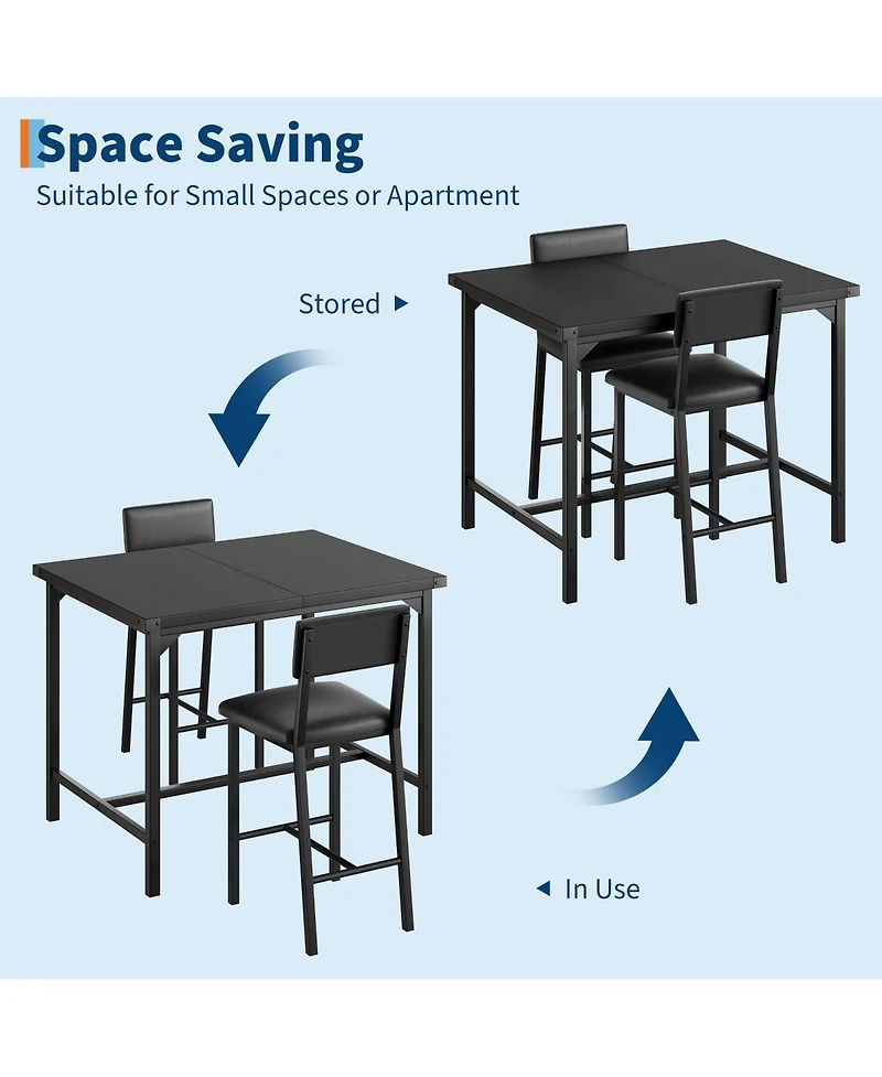 homfan Dining Table Set with 2 Stools Counter Height Metal Frame and Footrest, Compact Design for Kitchen, Apartment or Small Area