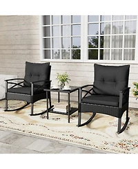 Sugift 3-Piece Pe Rattan Outdoor Rocking Chair Set with 2-Tier Side Table
