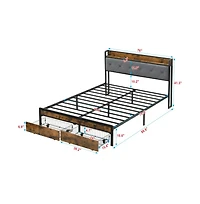 Lucky One King Size Bed Frame with Upholstered Headboard, Led Lights, Usb Charging Station, 2 Drawers, No Box Spring Needed