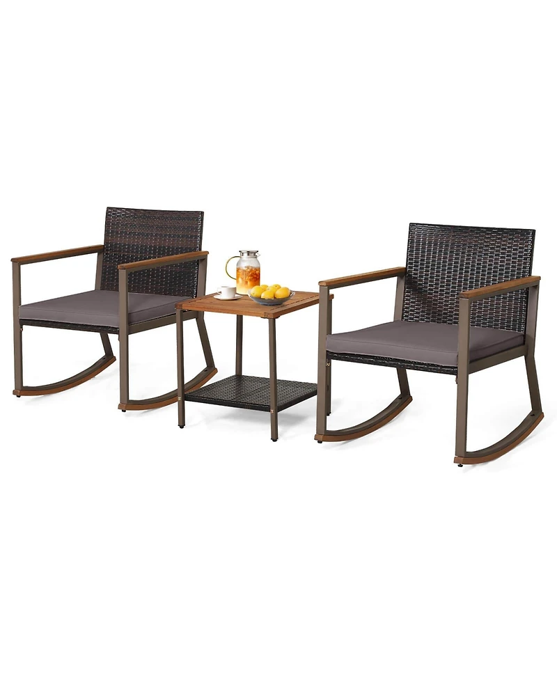 Gymax 3Pieces Rattan Rocking Chair Bistro Set Armrest Cushion Table W/ Storage Shelf Patio