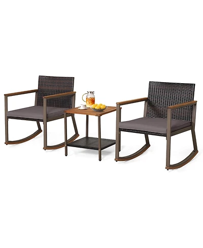 Gymax 3Pieces Rattan Rocking Chair Bistro Set Armrest Cushion Table W/ Storage Shelf Patio