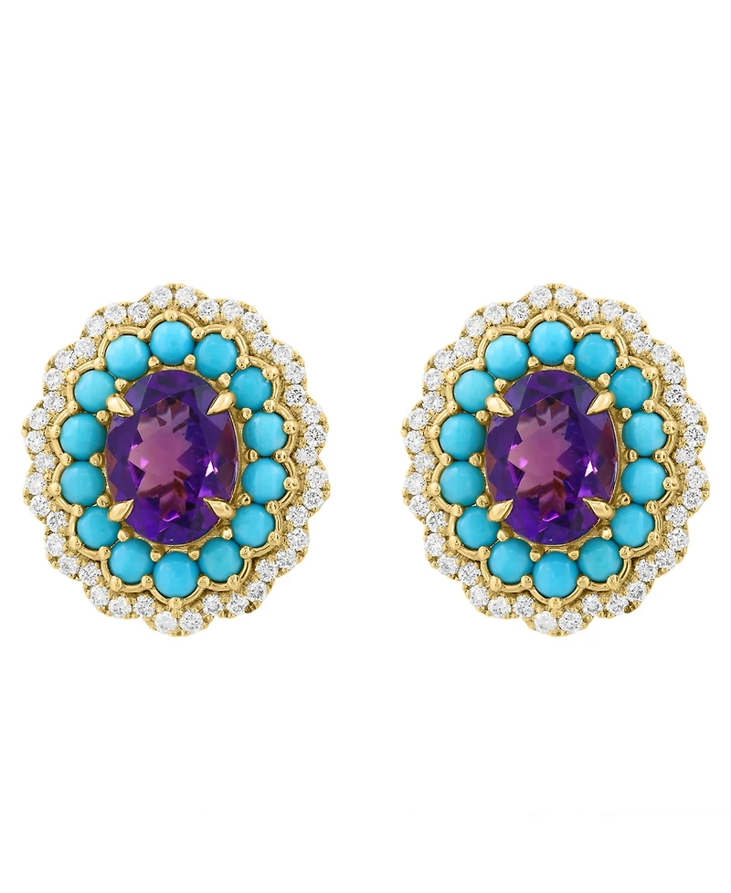 Effy Collection Amethyst (2-2/5 ct. t.w.), Turquoise (2mm) & Diamond (1/3 ct. t.w.) Stud Earrings in 14k Yellow Gold