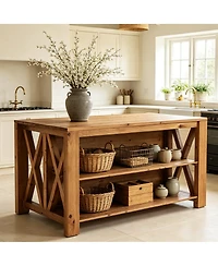 Tribesigns 3-Tier Solid Wood Kitchen Island with Storage Shelves For Kitchen Dining Room