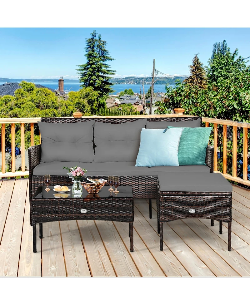 Costway 3PCS Patio Rattan Furniture Set 3-Seat Sofa Cushioned Table Garden