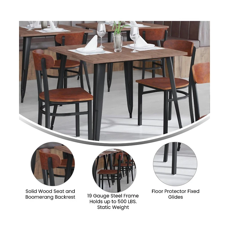 Emma+Oliver Yara Industrial Dining Chair with Rolled Steel Frame and Solid Wood Seat - 500 lbs. Static Weight Capacity