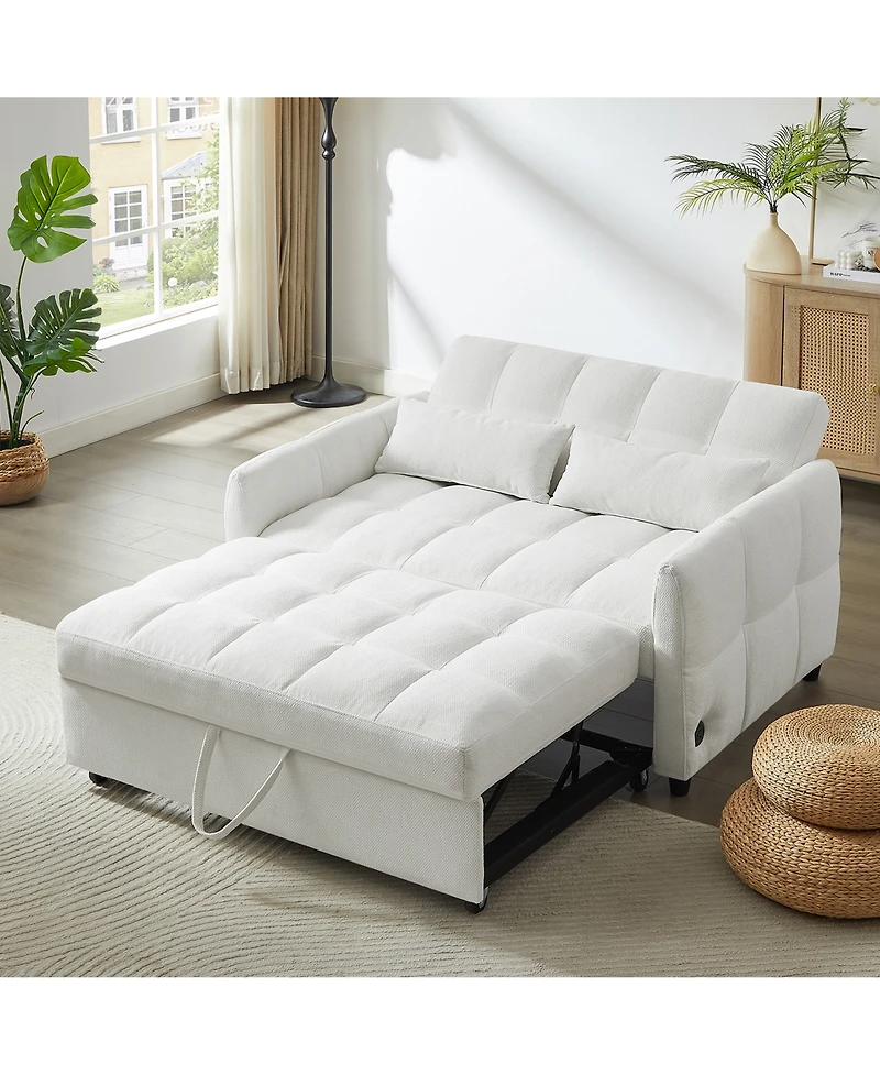 Clihome 52.8" Loveseat Sofa Pull-out Bed Tufted Sleeper with an Adjustable Backrest, Three Usb Ports and Two Lumbar Pillows for Living