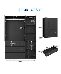 gaomon Wooden Armoire Wardrobe Closet, 71''H Large Clothing Storage Cabinet with Handing Rod and 3 Drawers, Clothes Organizer for Bedroom