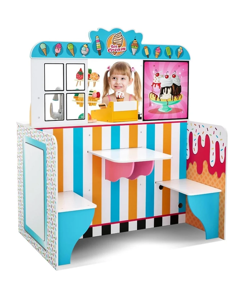 Lil' Jumbl Double-Sided Ice Cream Parlor Pretend Play Set, Wooden Diner Set with Cash Register and More