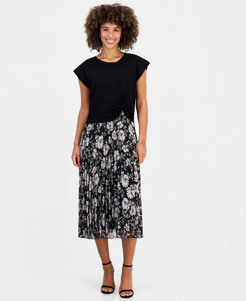 Robbie Bee Women's Floral-Print Pleated A-Line Midi Dress