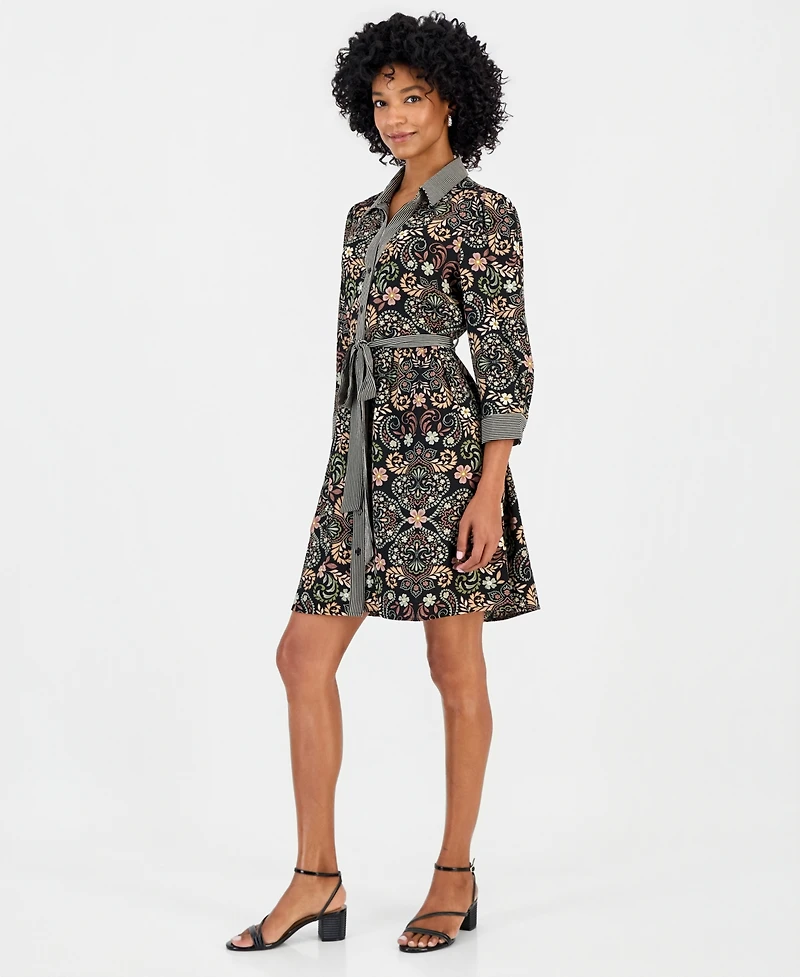 Robbie Bee Women's Twin Print Belted Shirtdress