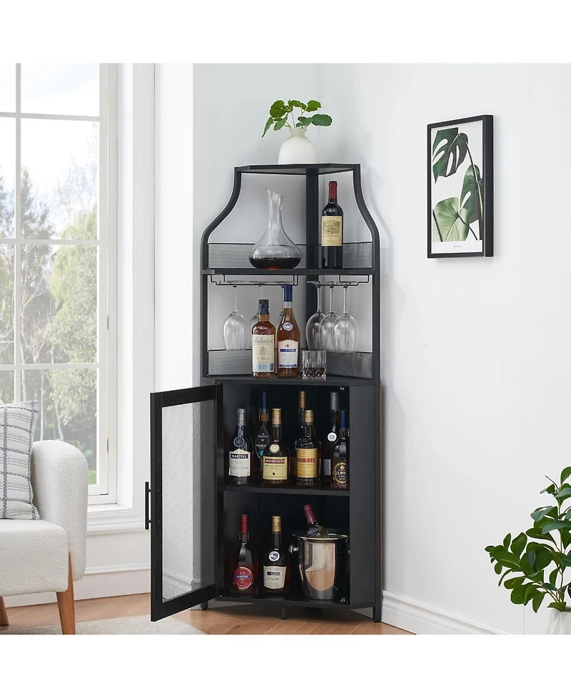 gaomon Corner Wine Cabinet with Detachable Wine Rack, 5-Tier Industrial Corner Bar Cabinet with Barn Door and Glass Holder, Farmhouse Buffet Cabinet