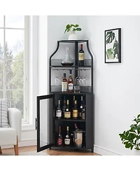 gaomon Corner Wine Cabinet with Detachable Wine Rack, 5-Tier Industrial Corner Bar Cabinet with Barn Door and Glass Holder, Farmhouse Buffet Cabinet