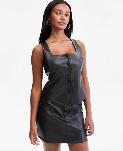 Bar Iii Women's Faux-Leather Scoop-Neck Button-Front Vest, Macy's Exclusive