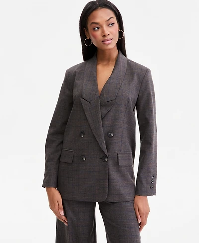 Bar Iii Women's Plaid Peak-Lapel Double-Breasted Blazer, Macy's Exclusive