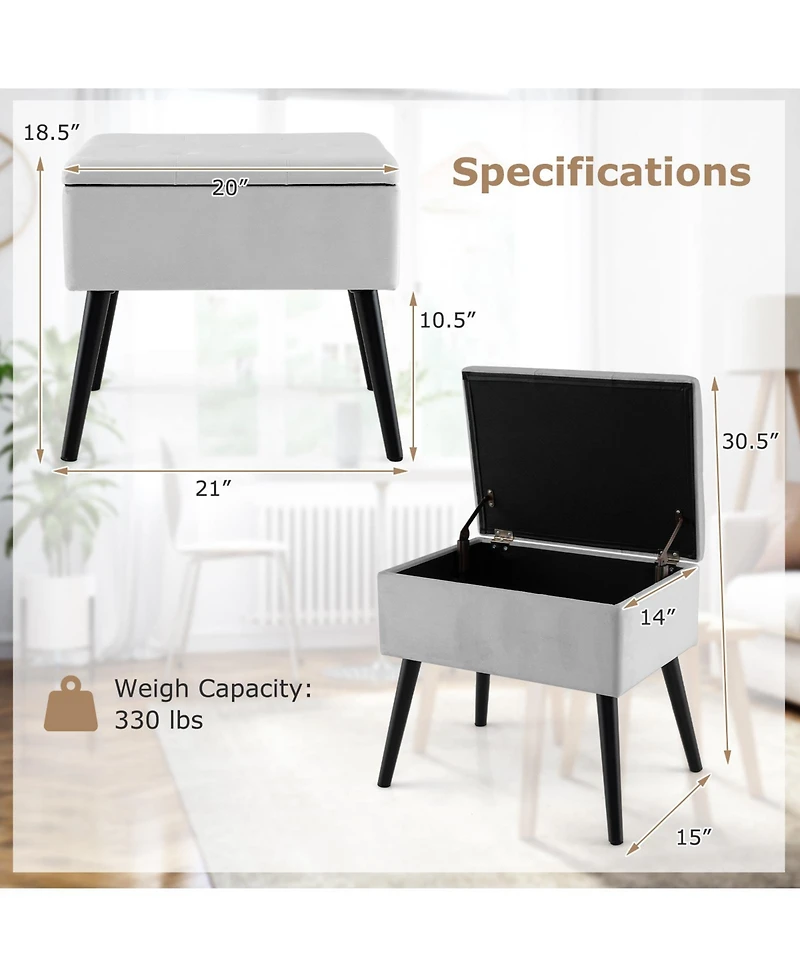 Gouun Velvet Storage Ottoman with Hinged Lid and Solid Wood Legs, 21 x 15 x 18.5 in