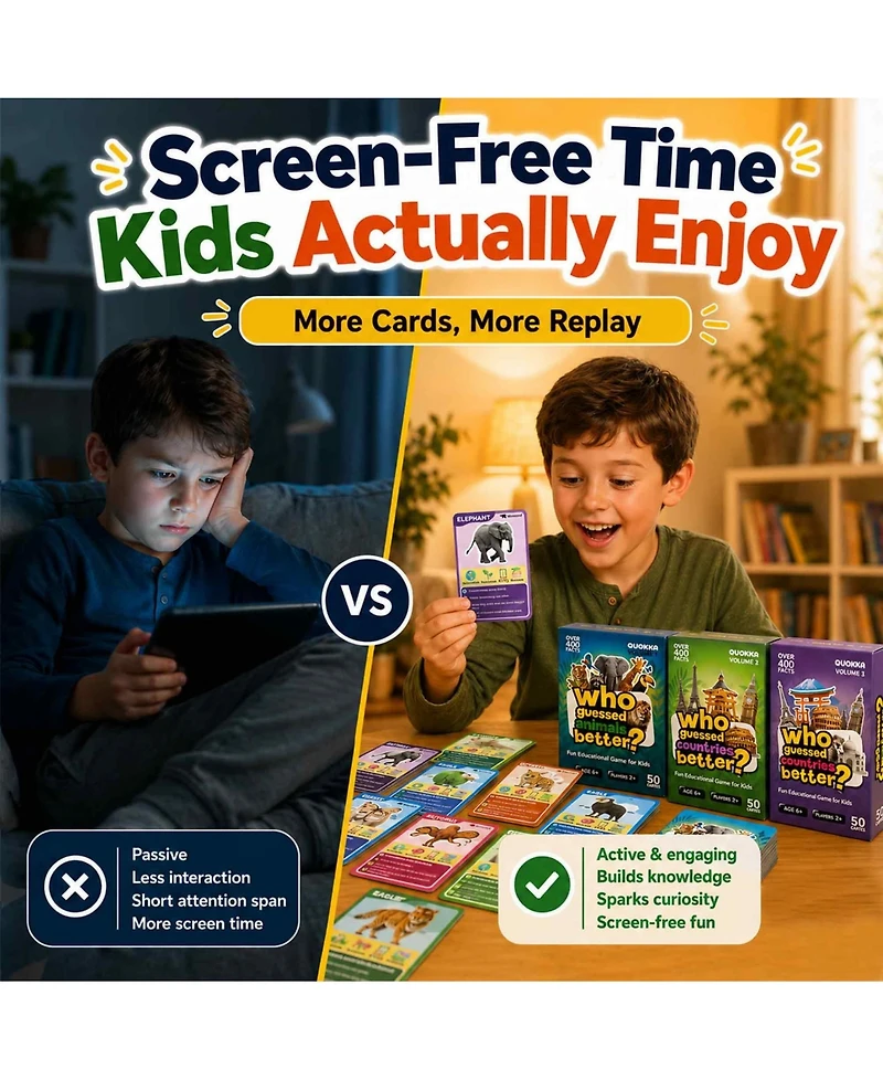 Quokka Who Guess It Better Card Games for Kids Ages 6+ - Educational Guessing Game with Animal and Country Visual Clues, Screen-Free Travel