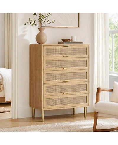 homfan Rattan Front Dresser With Smooth-Glide Drawers And Wide Top, Modern Boho Storage Chest For Bedroom, Hallway Or Living Room, Easy Assembly